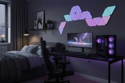 Quantum lamp panels glowing on a bedroom wall
